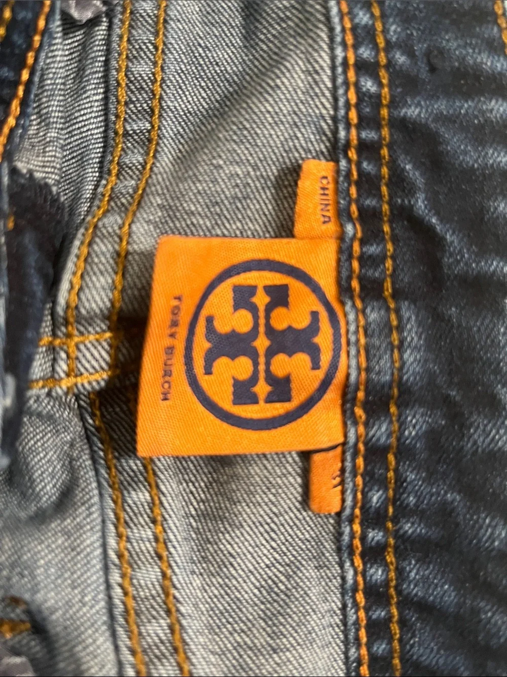 Tory Burch Dark Blue Flare Jeans with Gold Hardware